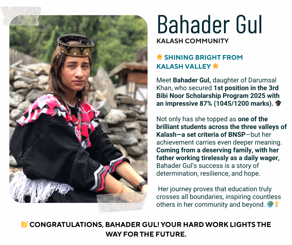 Portrait of Bahader Gul from the Kalash community wearing traditional attire and an embroidered cap, sitting outdoors with a stone wall and greenery in the background.