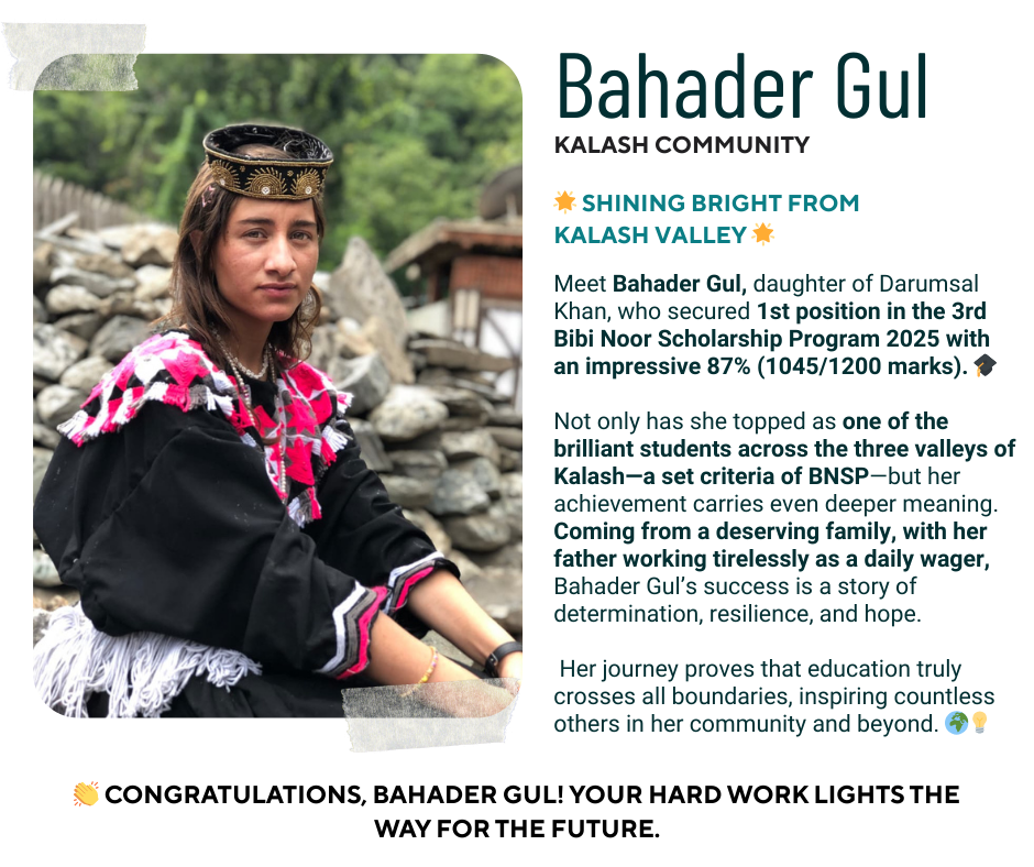 Portrait of Bahader Gul from the Kalash community wearing traditional attire and an embroidered cap, sitting outdoors with a stone wall and greenery in the background.