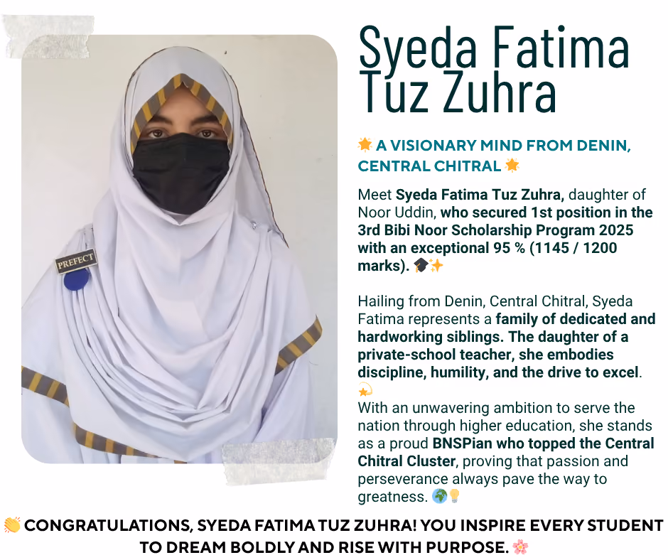 Portrait of Syeda Fatima Tuz Zuhra wearing a white hijab with gold stripes and a black face mask, with a prefect badge pinned on her shoulder.