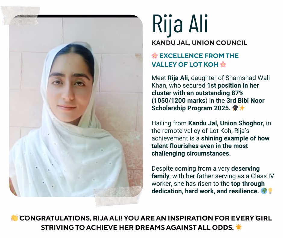 Portrait of Rija Ali wearing a white headscarf, smiling softly against a plain wall background.