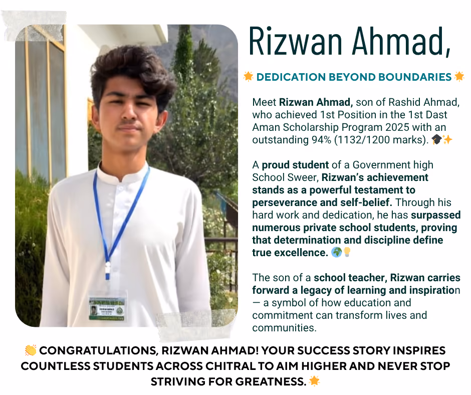 Portrait of Rizwan Ahmad wearing a white traditional outfit and blue lanyard with ID card, standing outdoors near greenery and a building.