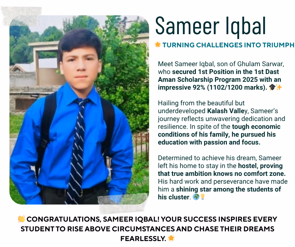 Portrait of Sameer Iqbal, a young student wearing a blue shirt and striped tie with a backpack, standing outdoors with greenery in the background.