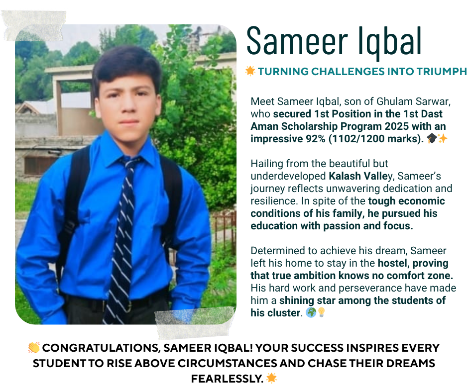 Portrait of Sameer Iqbal, a young student wearing a blue shirt and striped tie with a backpack, standing outdoors with greenery in the background.