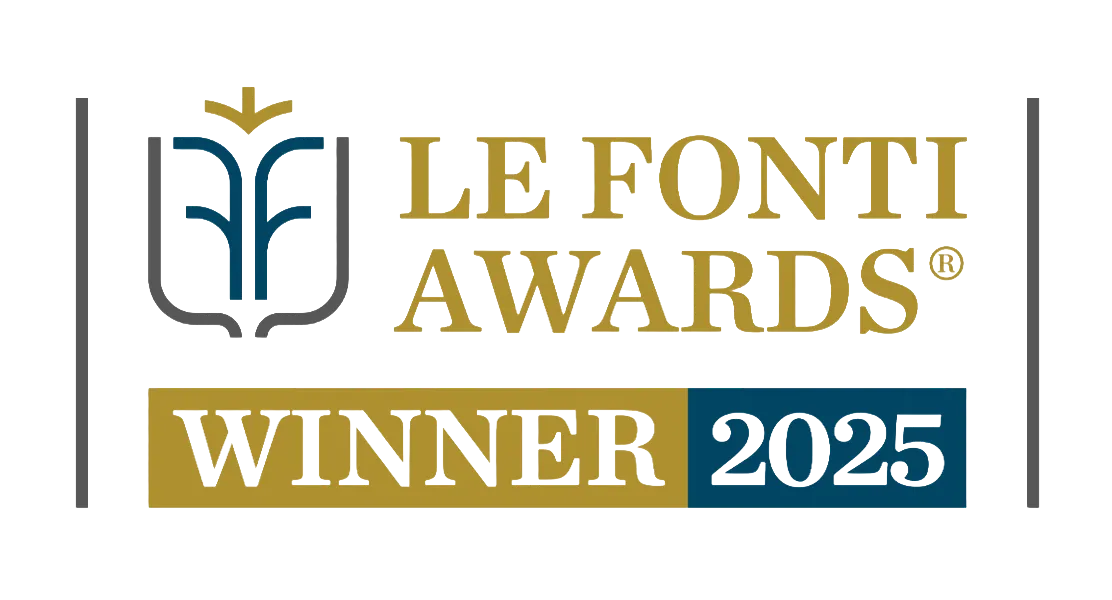 2025 Le Fonti Awards Winner Logo featuring gold and blue graphics.