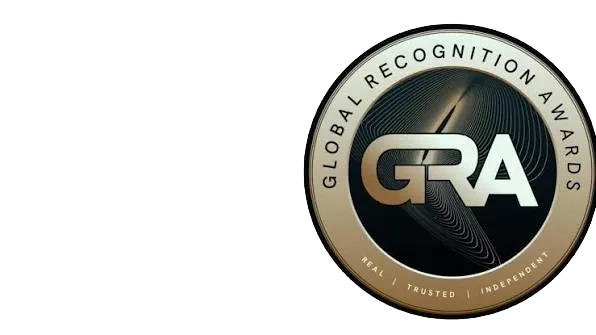 Global Recognition Awards medal featuring the letters "GRA" in the center on a black background with a gold border.