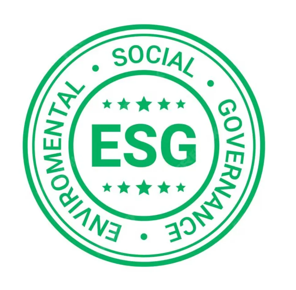 A round green stamp featuring the words "Environment," "Social," and "Governance," with the letters "ESG" in the center.
