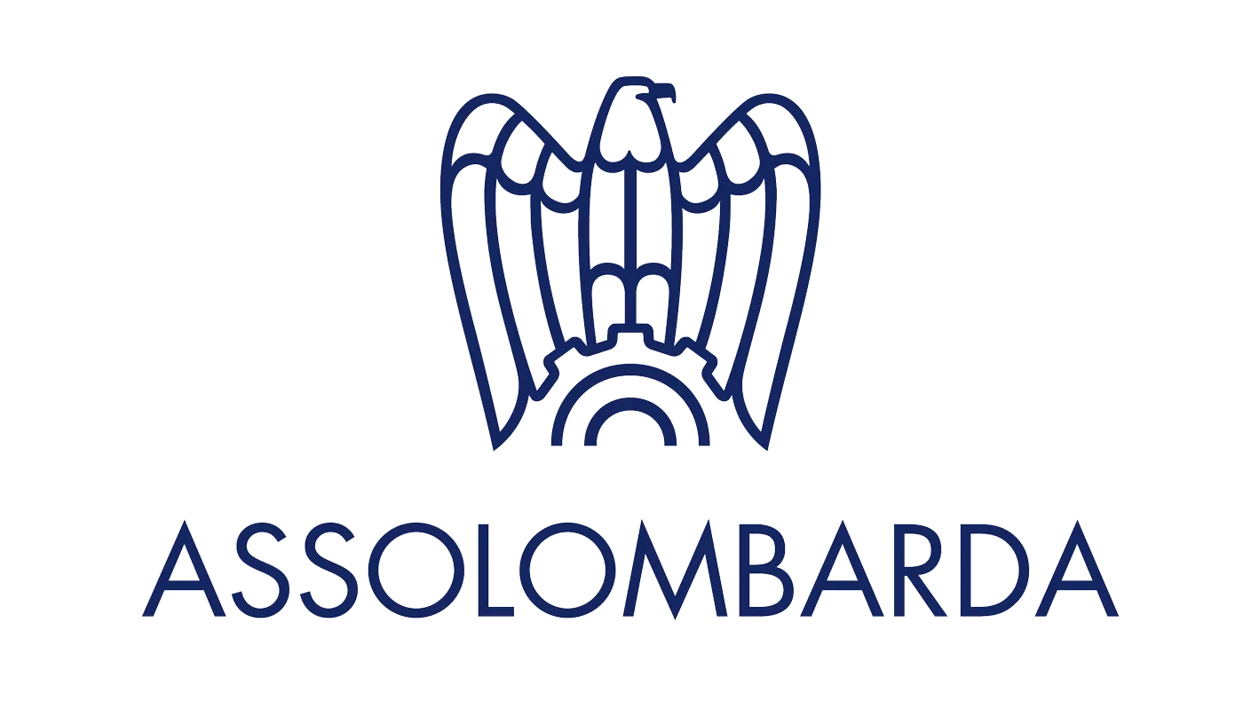 Logotipo de Assolombarda con un águila estilizada sobre un engranaje y un texto debajo.