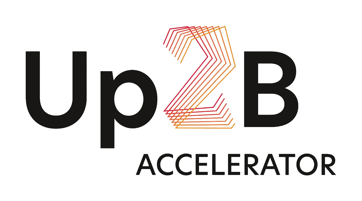 Logotipo de Up2B Accelerator con el número 2 estilizado en líneas rojas y naranjas