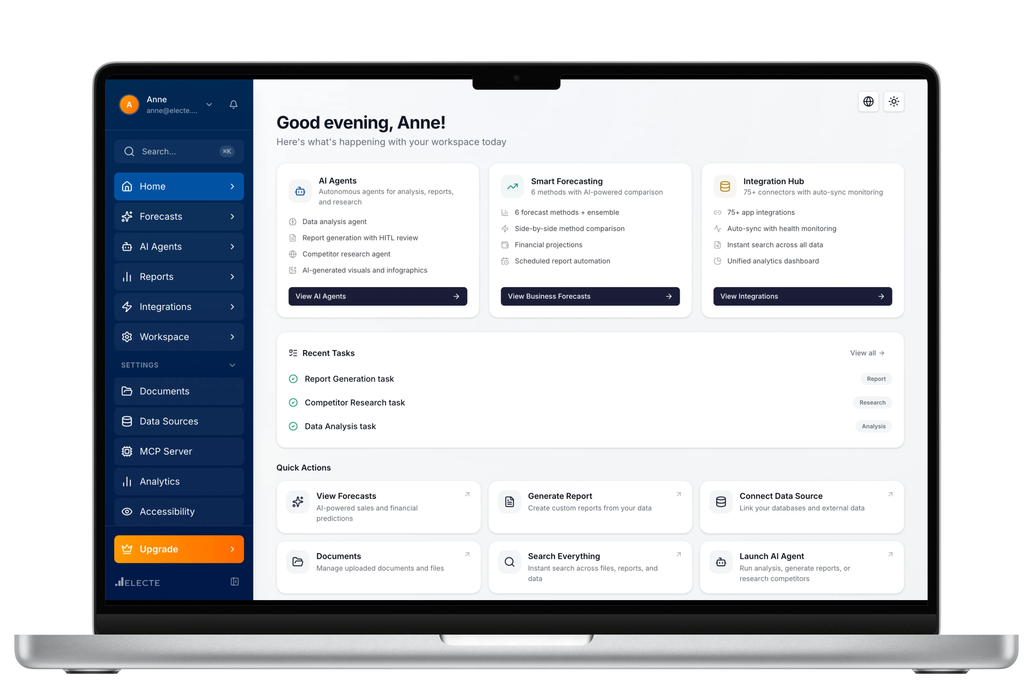 Interfaz de software del panel de control en un ordenador portátil que muestra agentes de IA, previsiones inteligentes, centro de integración, tareas y acciones rápidas.