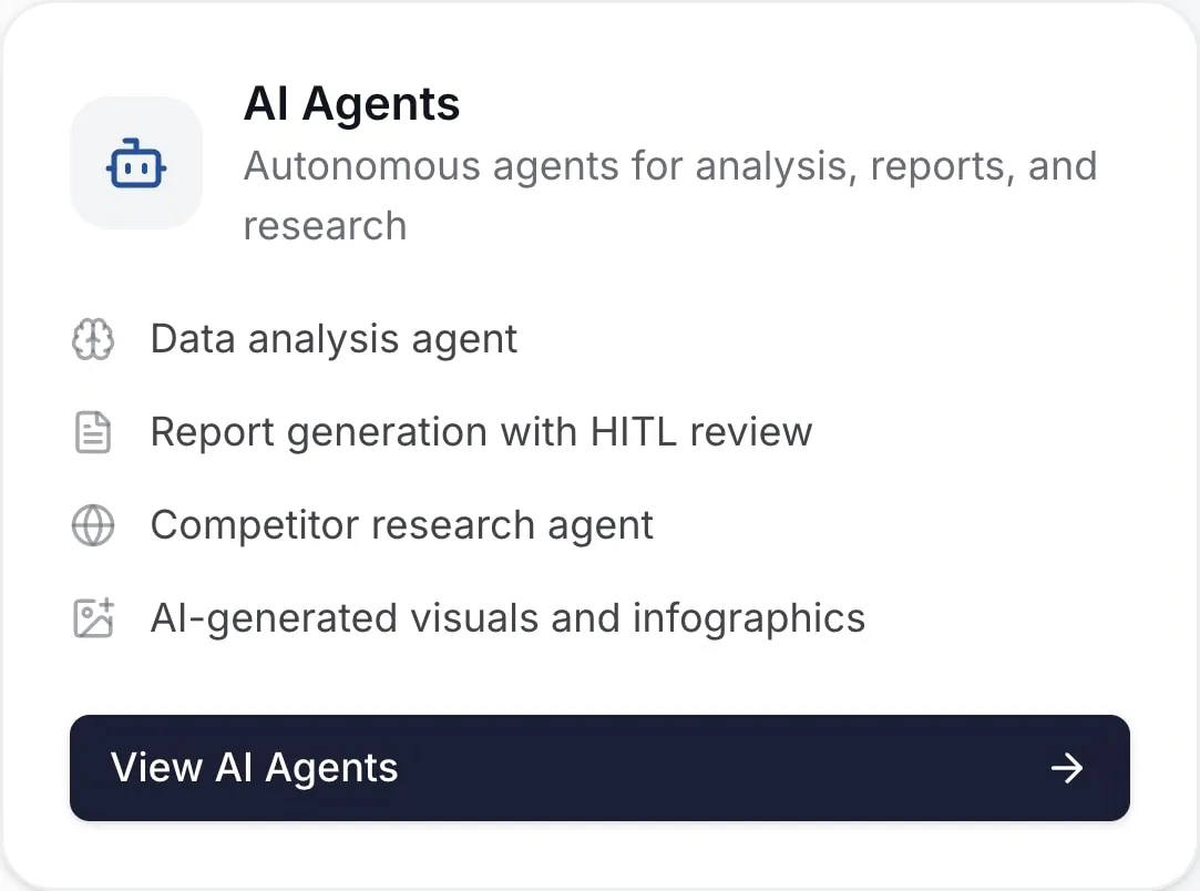 Autonomous AI agents for analysis, reporting, and research, featuring data analysis and report generation with HITL validation.