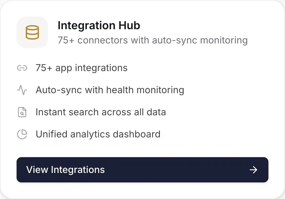 Hub di integrazione con oltre 75 connettori, sincronizzazione automatica e dashboard analitica unificata.