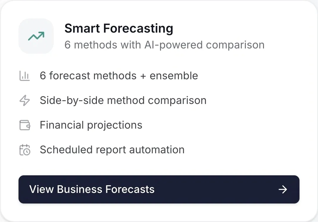 Widget for smart forecasting with 6 methods, AI comparison, financial projections, and automated reporting.
