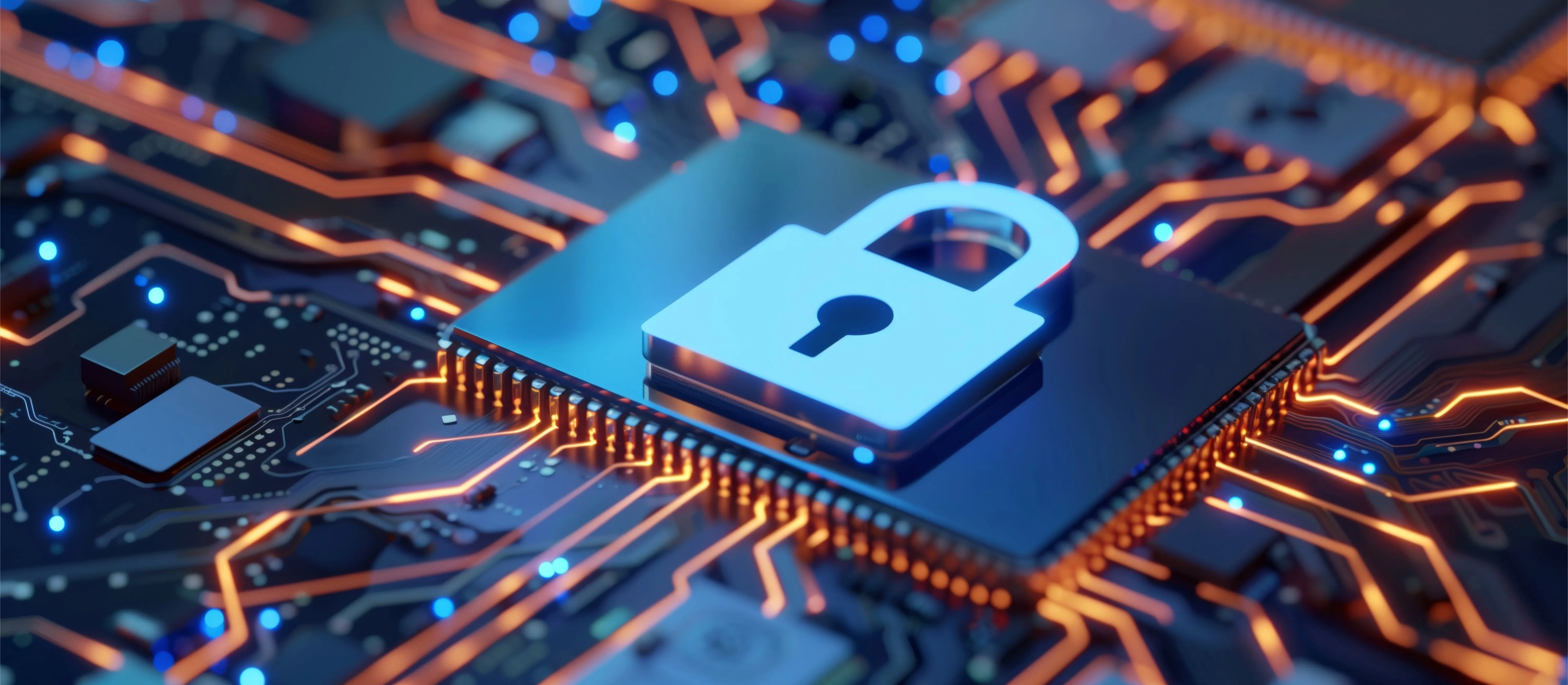 Chip electrónico con el símbolo de un candado azul que representa la seguridad informática.