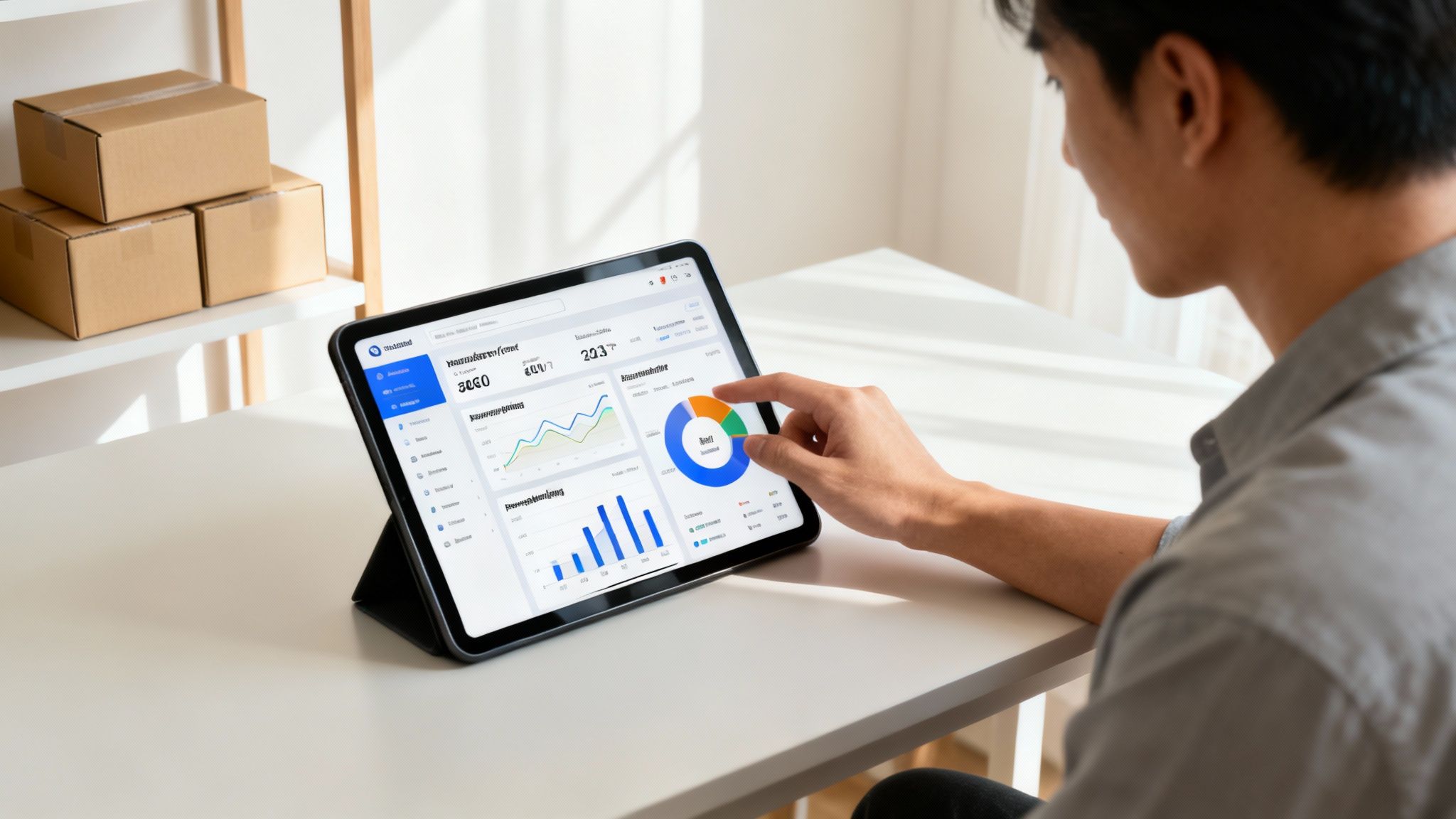 A business manager reviewing an interactive dashboard on a tablet, showing sales trends and customer analytics.