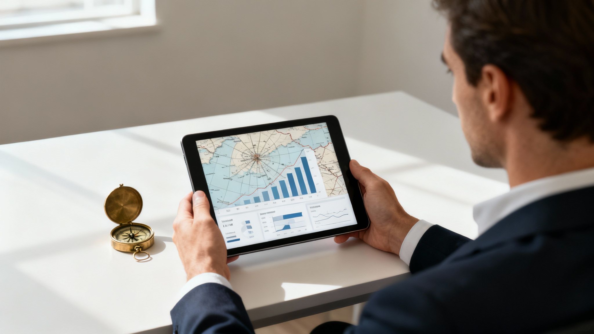 Screenshot of a marketing analytics dashboard showing various charts and metrics like customer acquisition cost, traffic sources, and conversion rates.