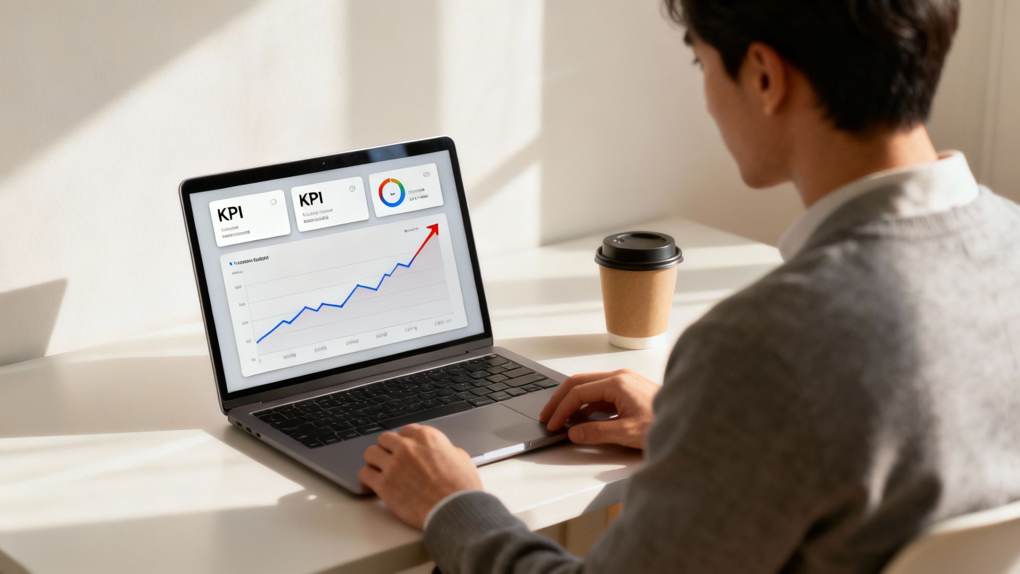 Un manager analizza dashboard di business intelligence su un grande schermo