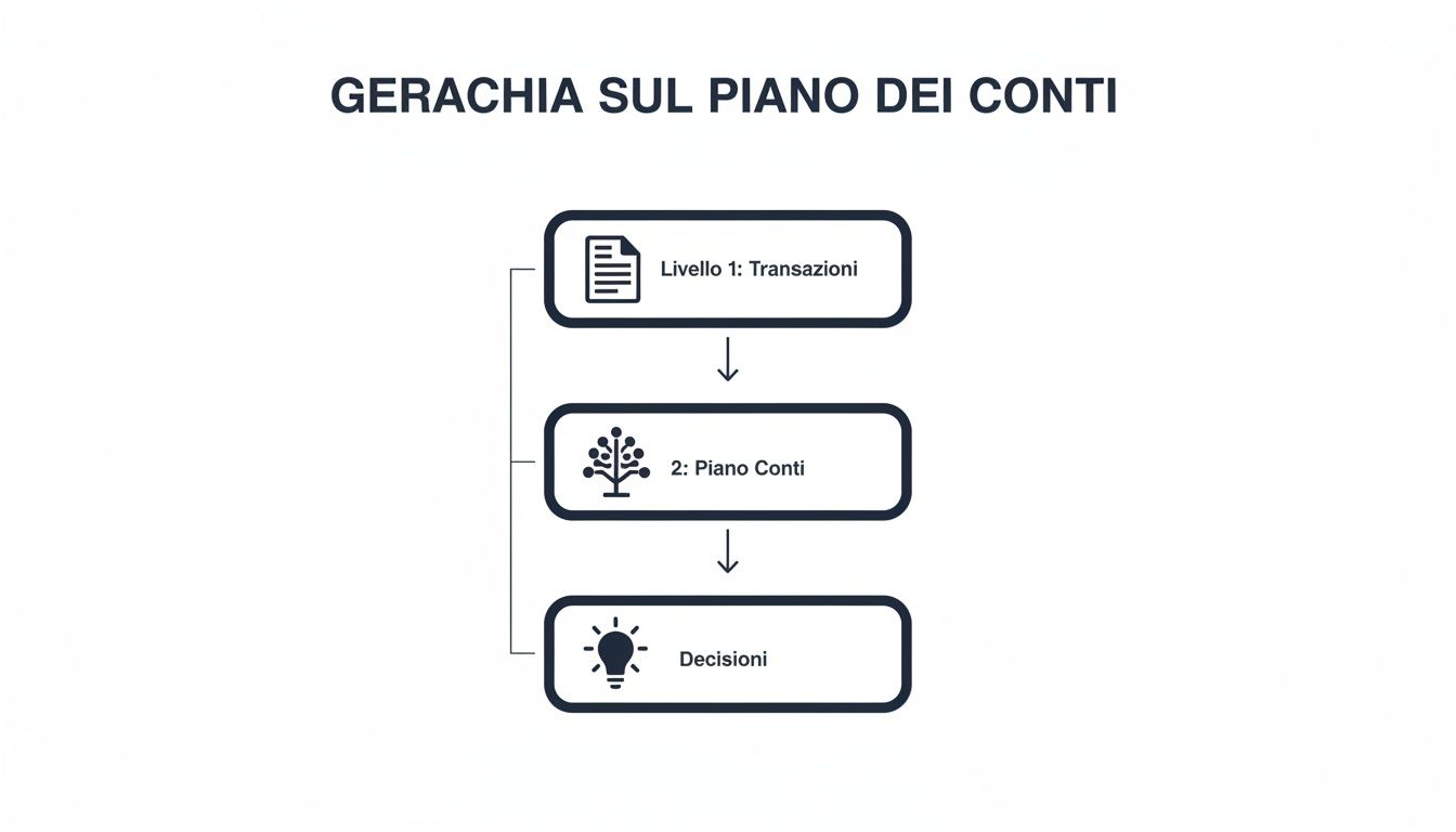 Block diagram illustrating the hierarchy of the chart of accounts: Transactions, Chart of Accounts, and Decisions.