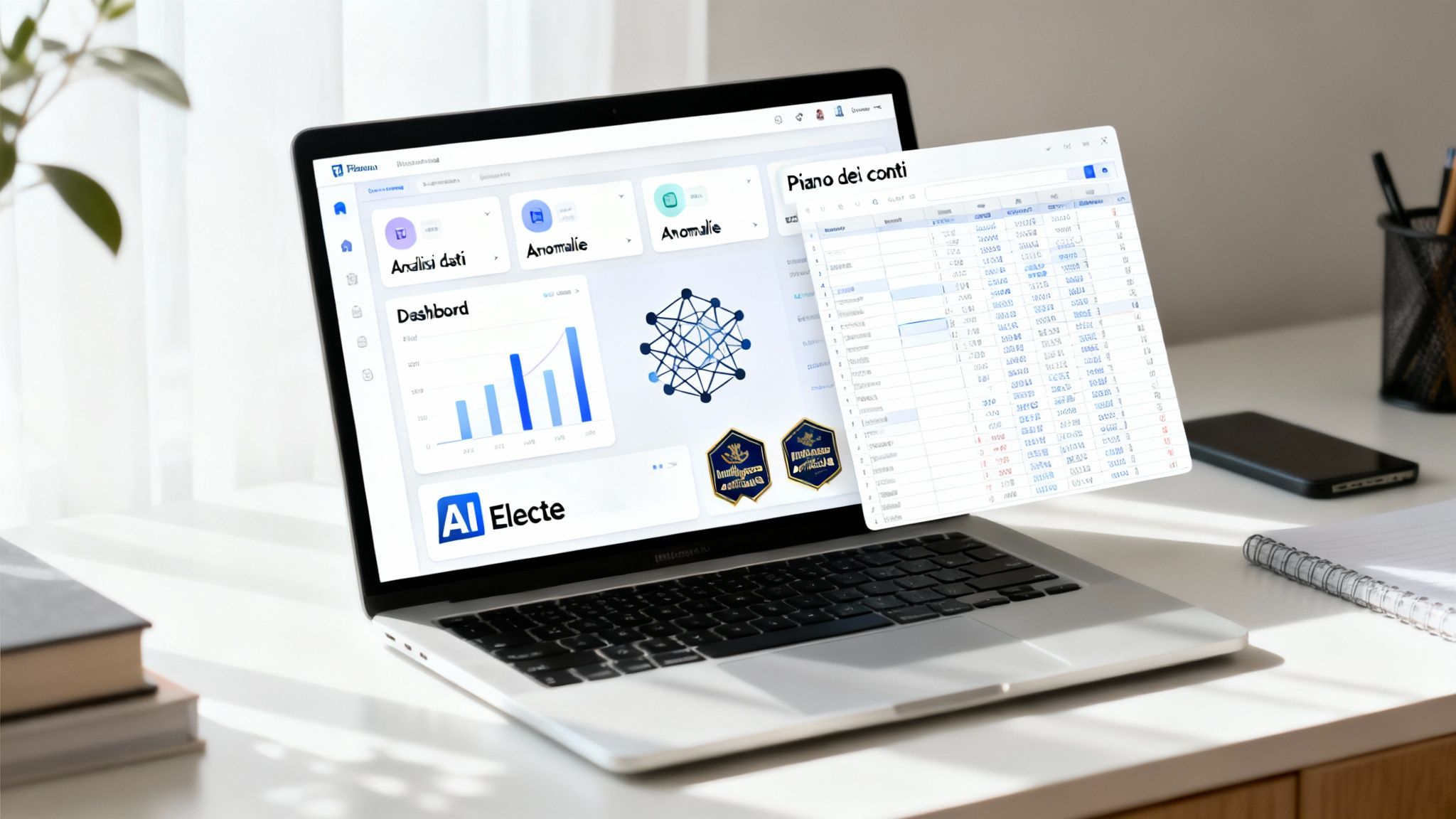 Laptop on desk with data analysis dashboard and "Chart of Accounts" spreadsheet in the foreground.
