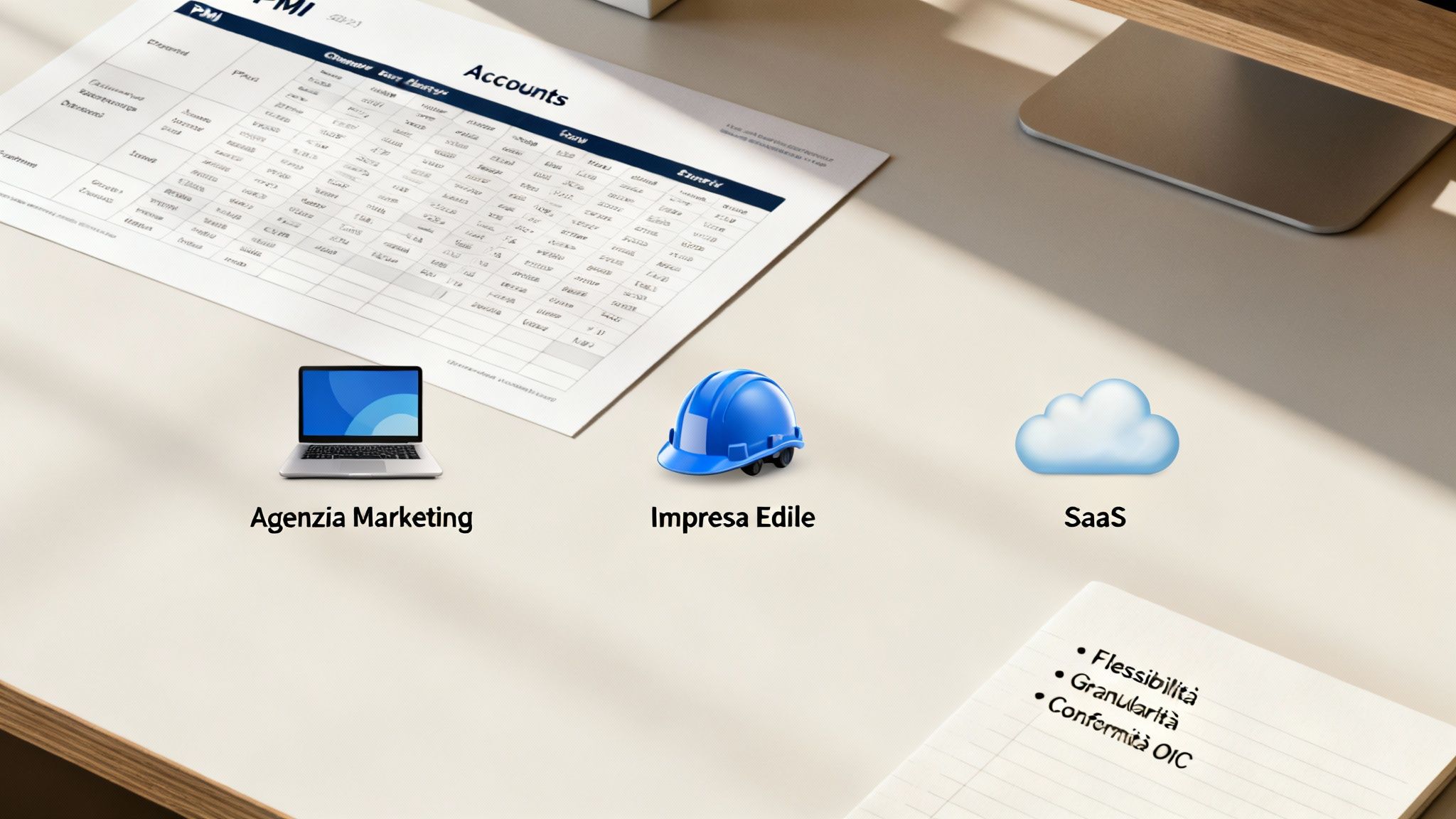 A budget document with a laptop for marketing agencies, a hard hat for construction companies, and a cloud icon for SaaS, with notes on flexibility and compliance.