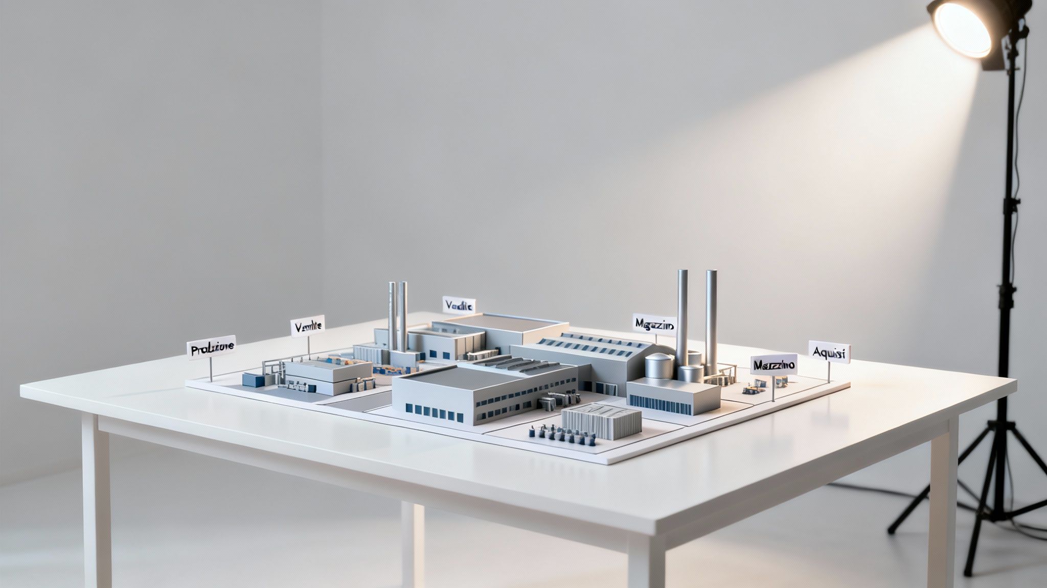 Miniature model of an industrial complex with labels 'Production,' 'Sales,' 'Warehouse,' 'Purchasing' on a white illuminated table.