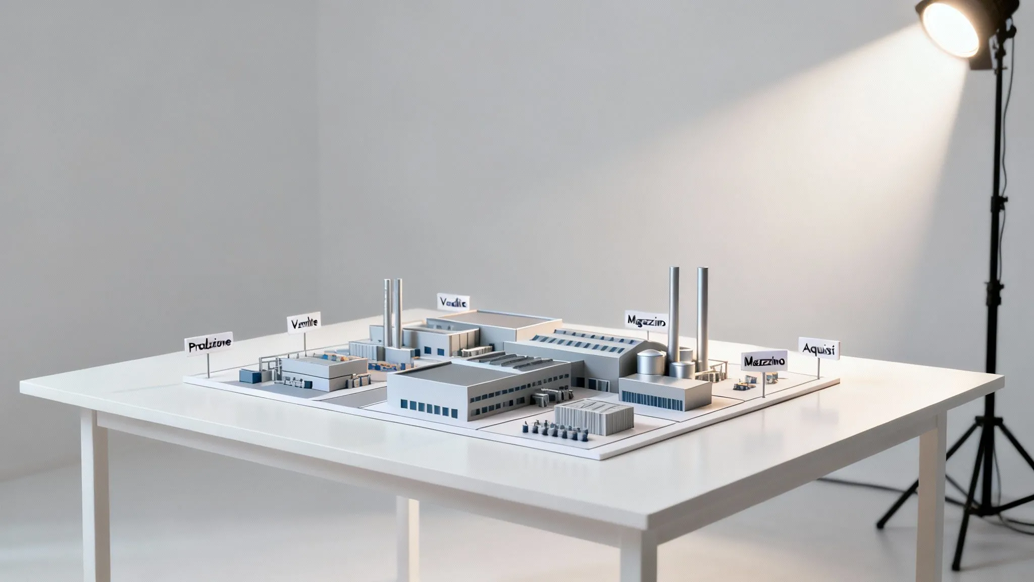 Miniaturowy model kompleksu przemysłowego z etykietami „Produkcja”, „Sprzedaż”, „Magazyn”, „Zakupy” na oświetlonym białym stole.