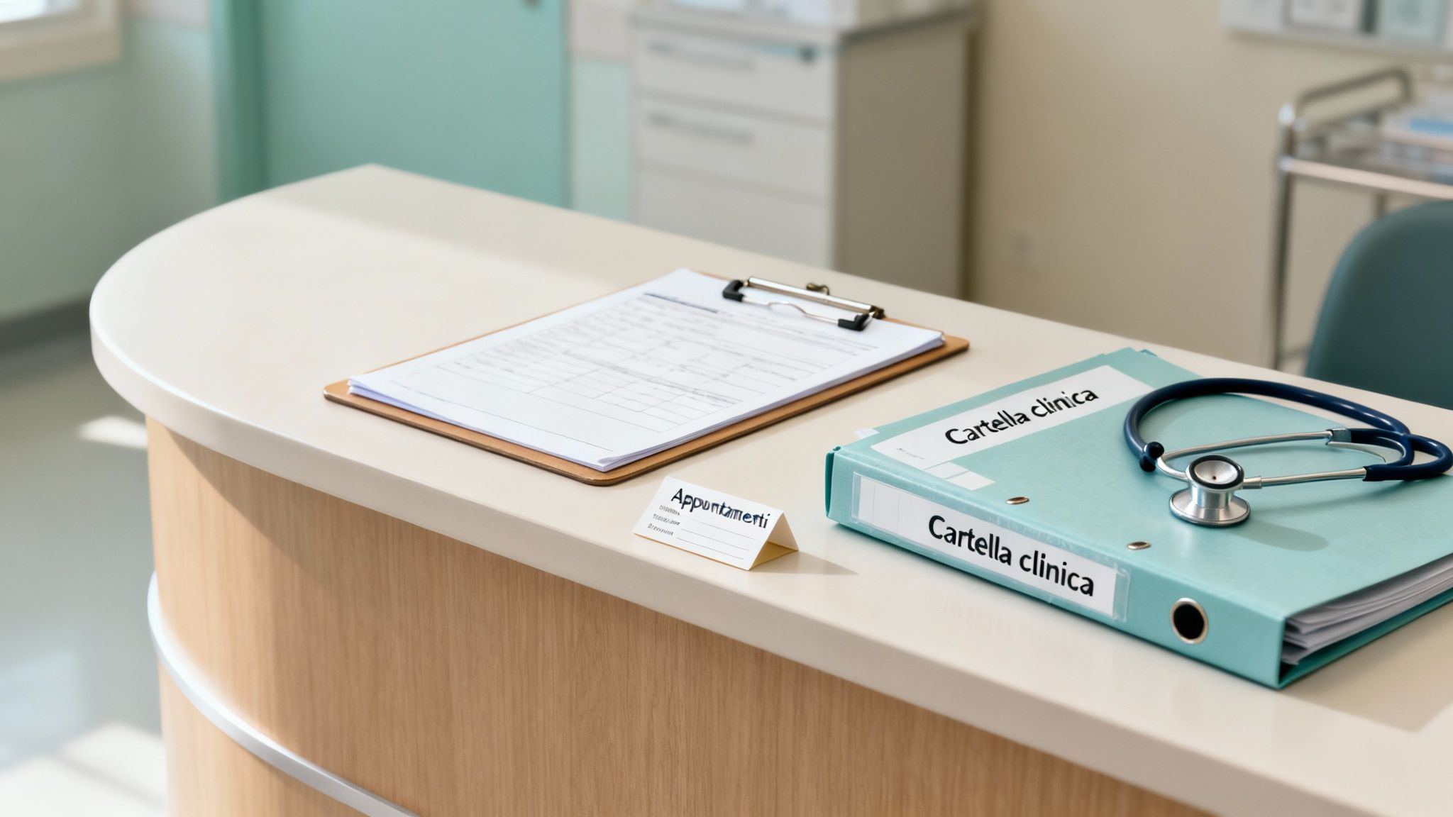 Clinical reception desk with medical documents, a medical record, and a stethoscope, ready for patients.
