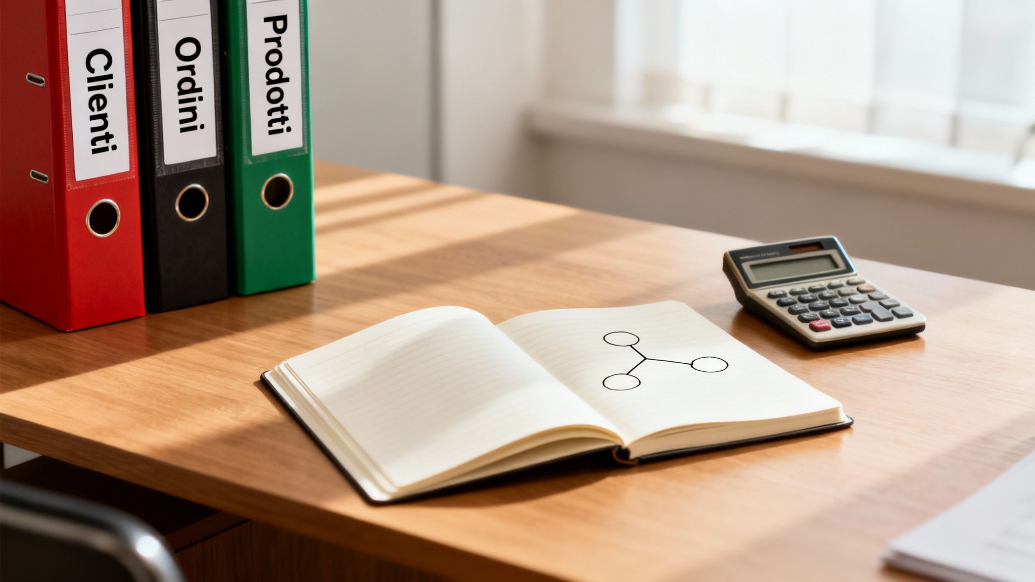 A desk with binders labeled Customers, Orders, Products, an open notebook with a diagram, and a calculator.