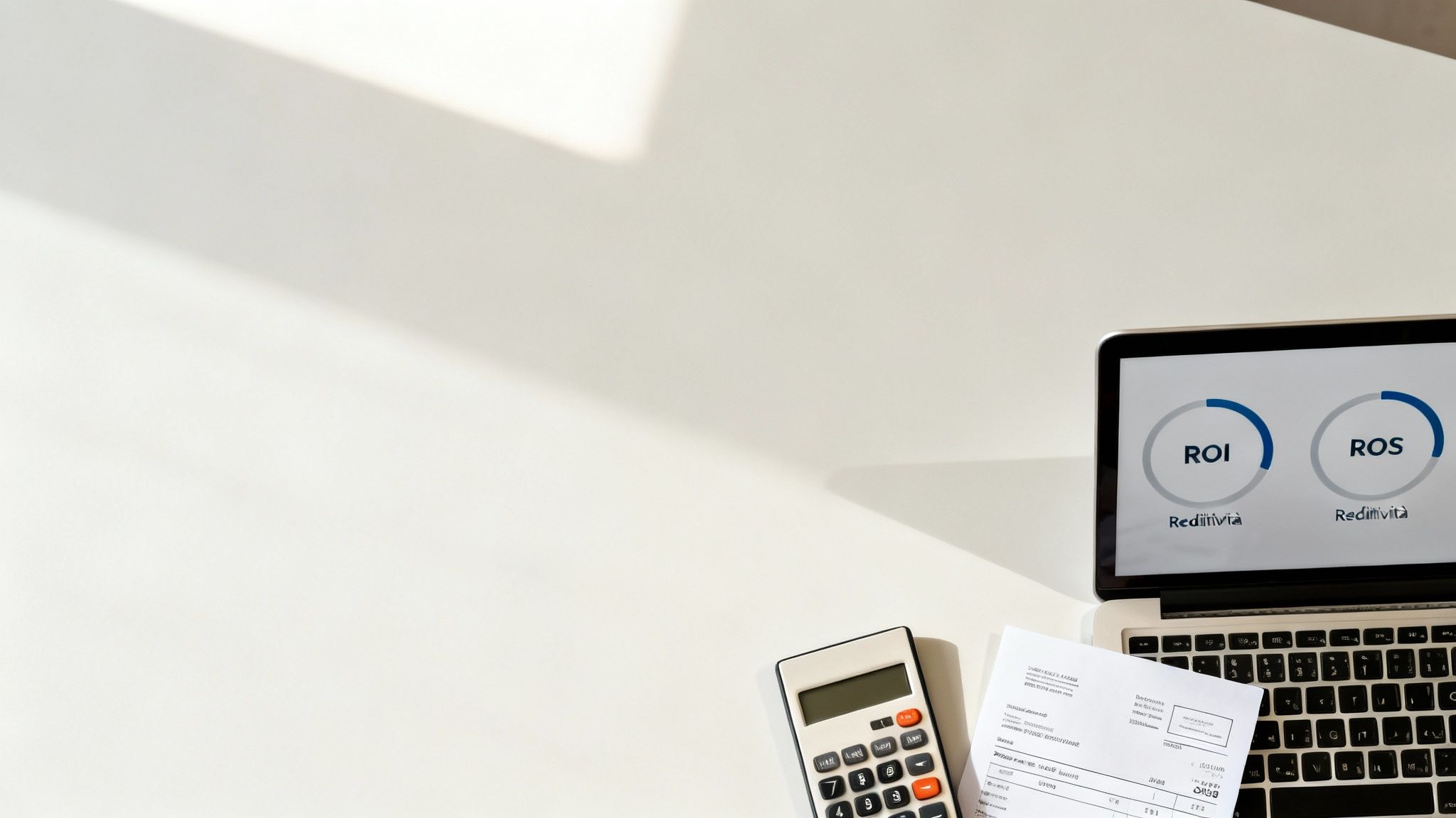 Un laptop con indicatori ROI e ROS, una calcolatrice e documenti su una scrivania bianca.