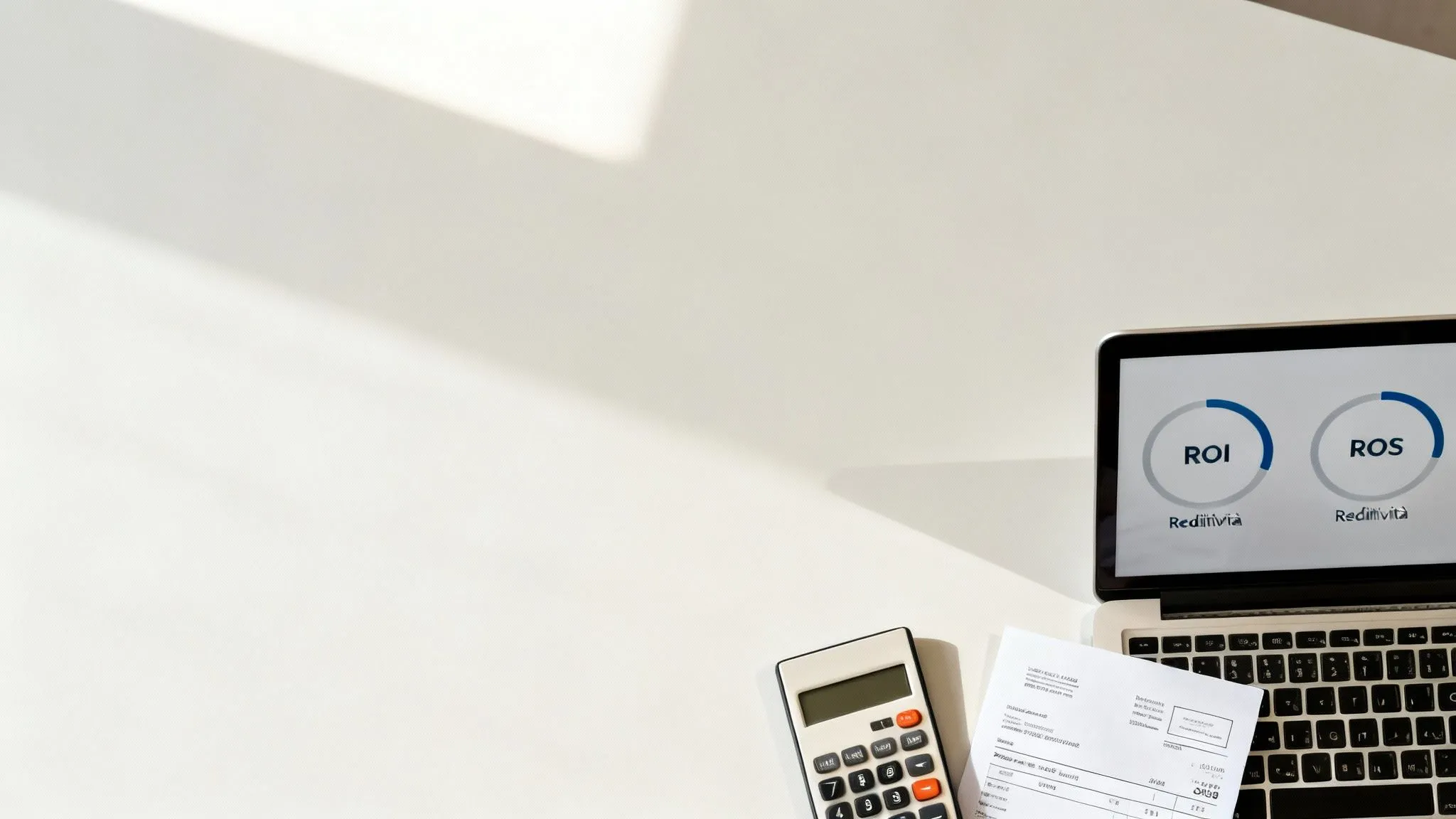 Un laptop con indicatori ROI e ROS, una calcolatrice e documenti su una scrivania bianca.