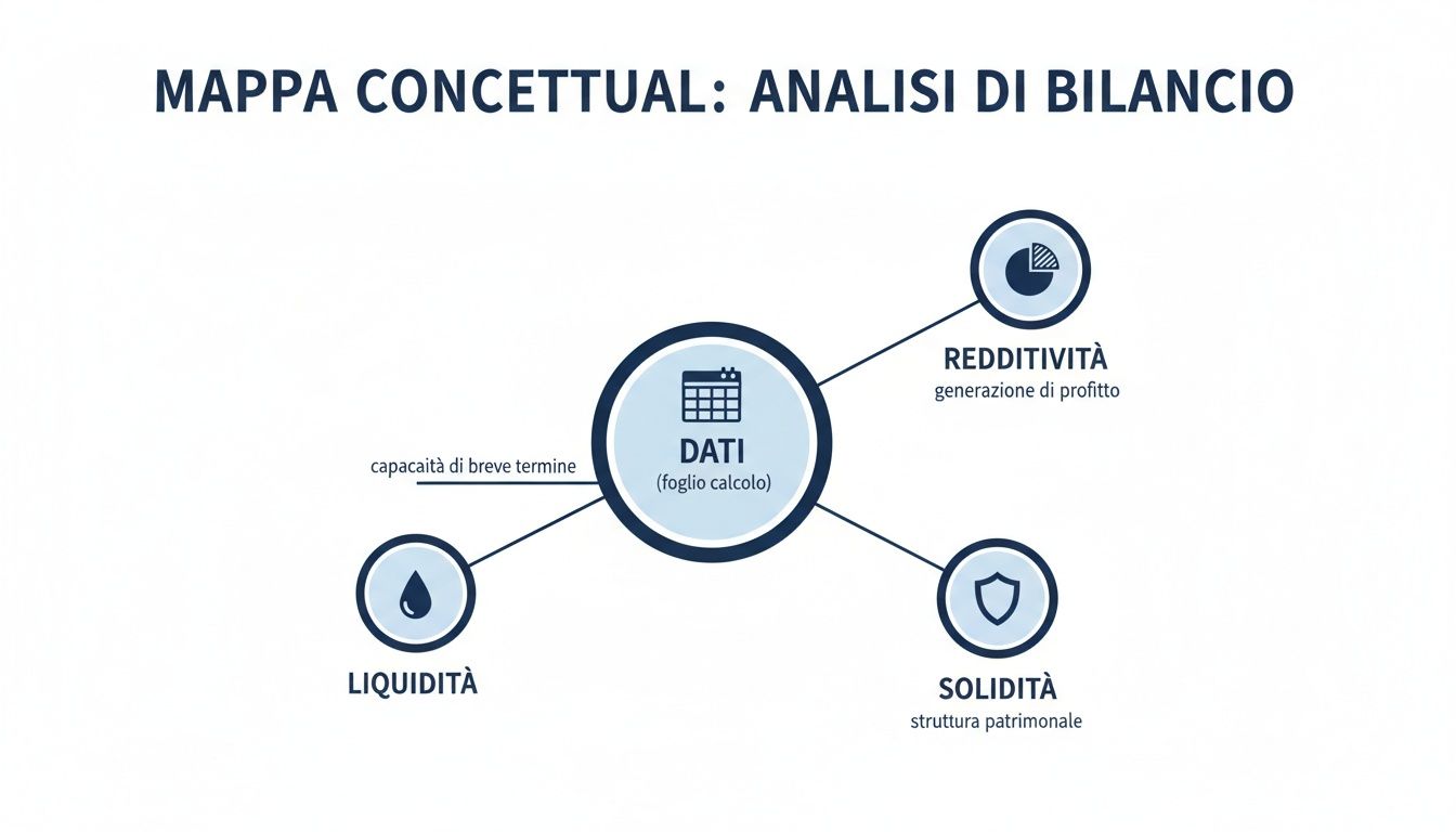 Mappa concettuale sull'analisi di bilancio che collega i dati a liquidità, redditività e solidità aziendale.