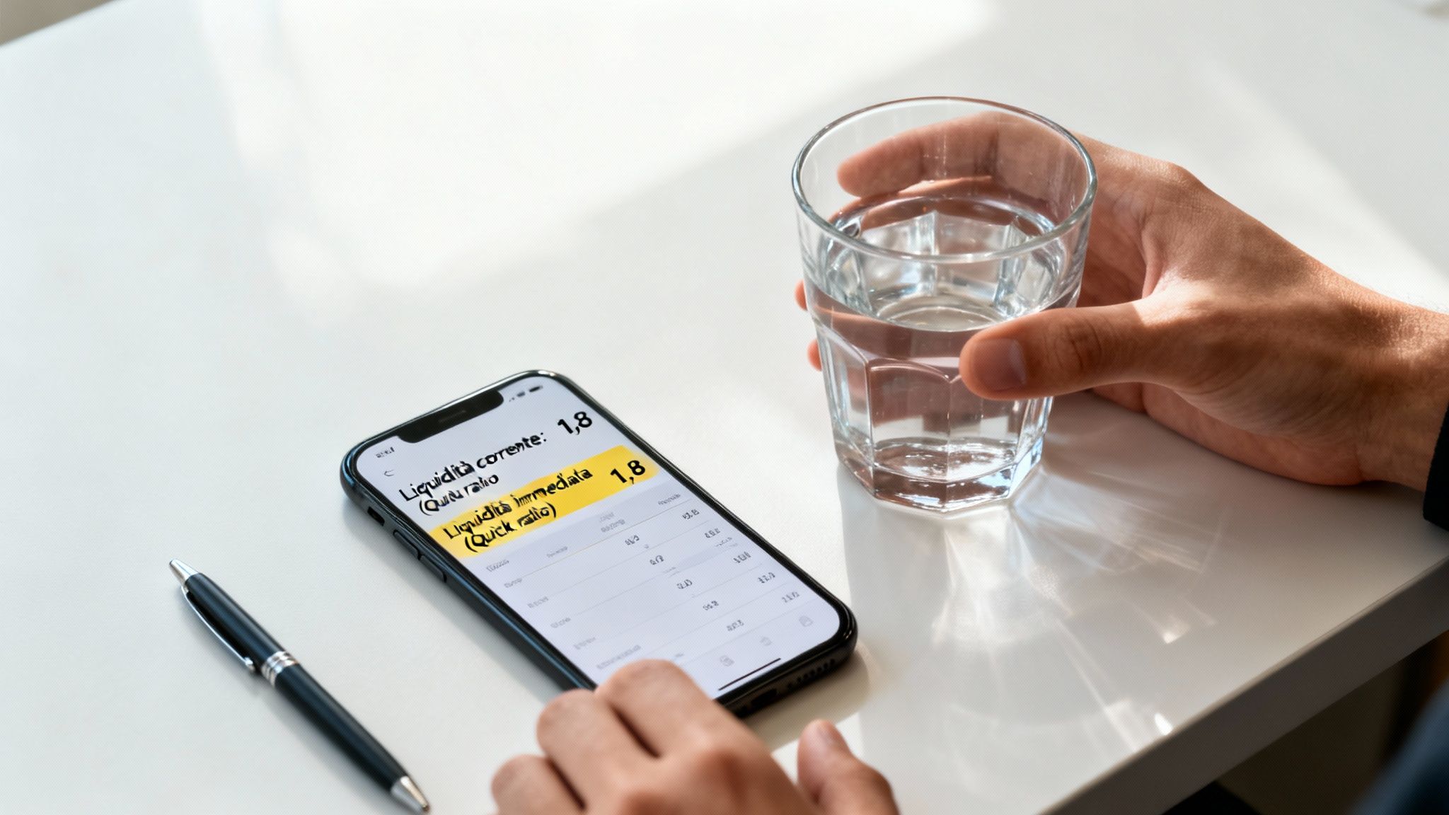 Una persona tiene un bicchiere d'acqua mentre guarda indici finanziari su uno smartphone su un tavolo bianco con una penna.