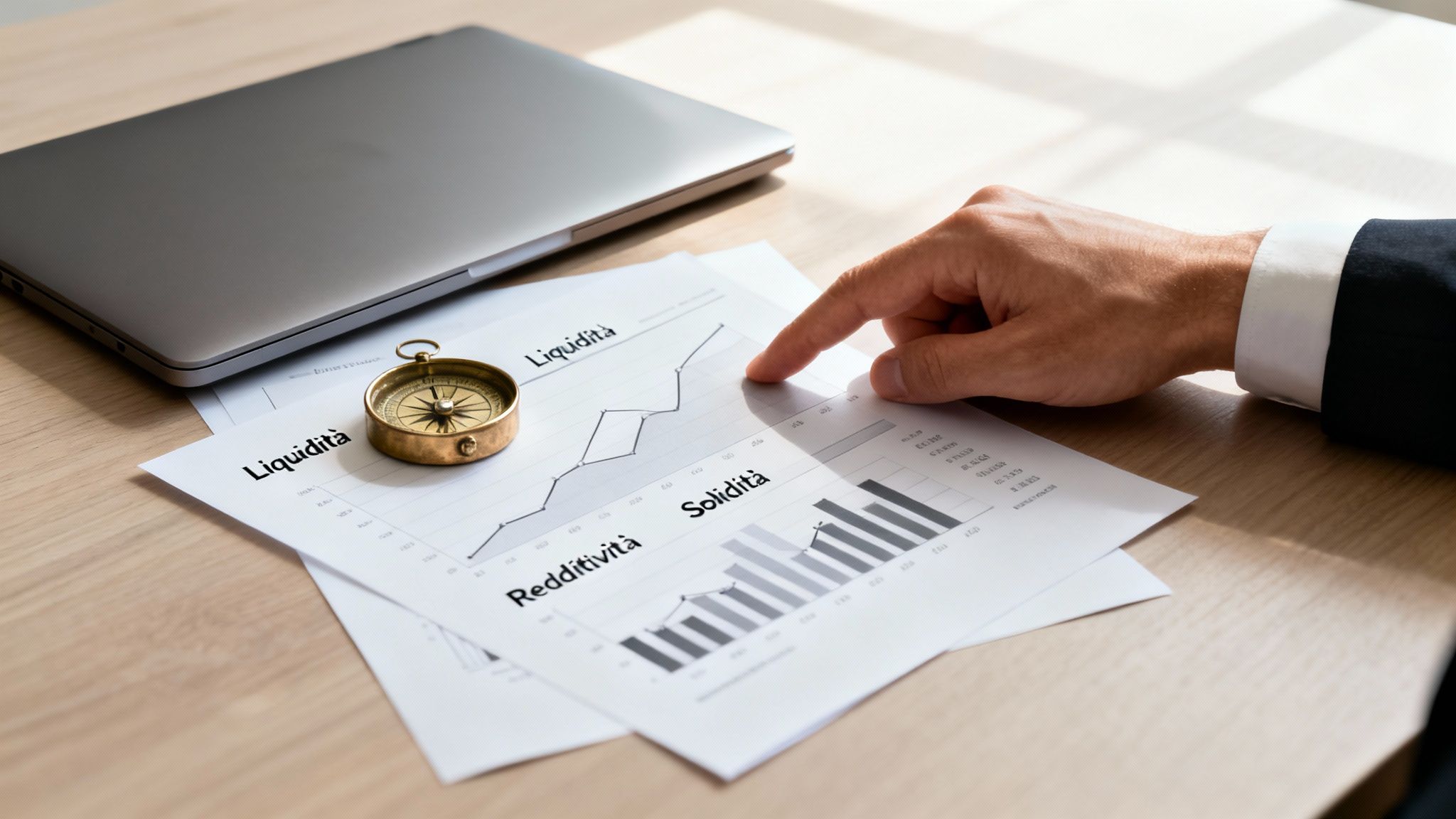 Mano di un uomo indica grafici finanziari su fogli, con laptop e bussola su una scrivania in legno.