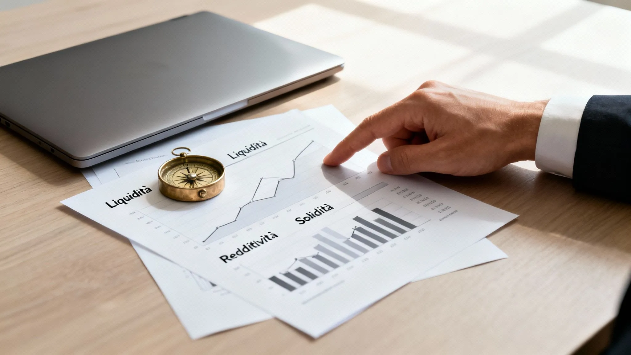 Mano di un uomo indica grafici finanziari su fogli, con laptop e bussola su una scrivania in legno.