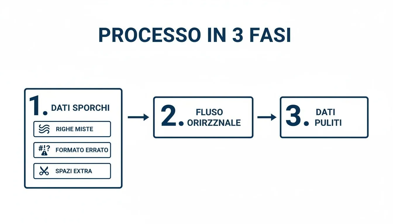 Esquema infográfico do processo em 3 fases: dados sujos (linhas misturadas, formato incorreto, espaços extra), fluxo horizontal e dados limpos.