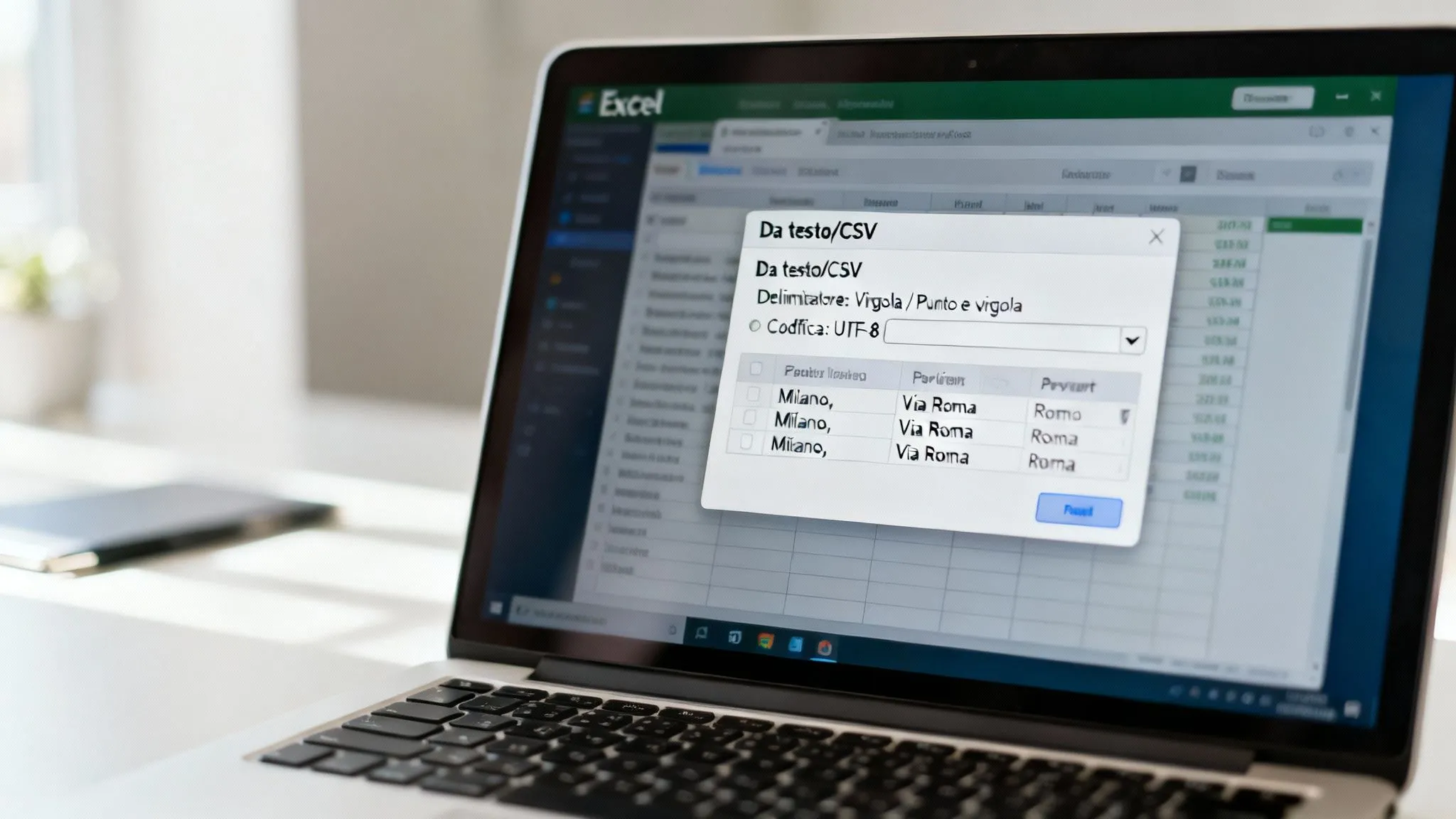 Um computador portátil com o Microsoft Excel mostra a janela de importação de dados de texto/CSV, com codificação UTF-8 e pré-visualização dos dados.
