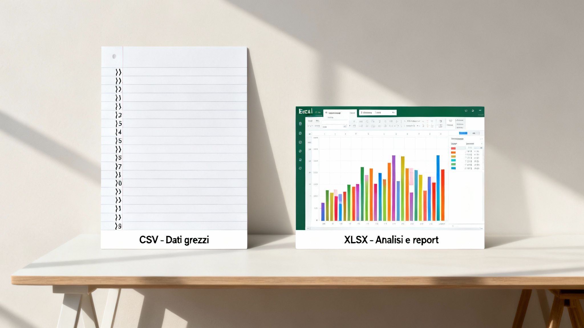 Confronto tra dati grezzi CSV su un quaderno e analisi visualizzate in un report XLSX di Excel con un grafico a barre.
