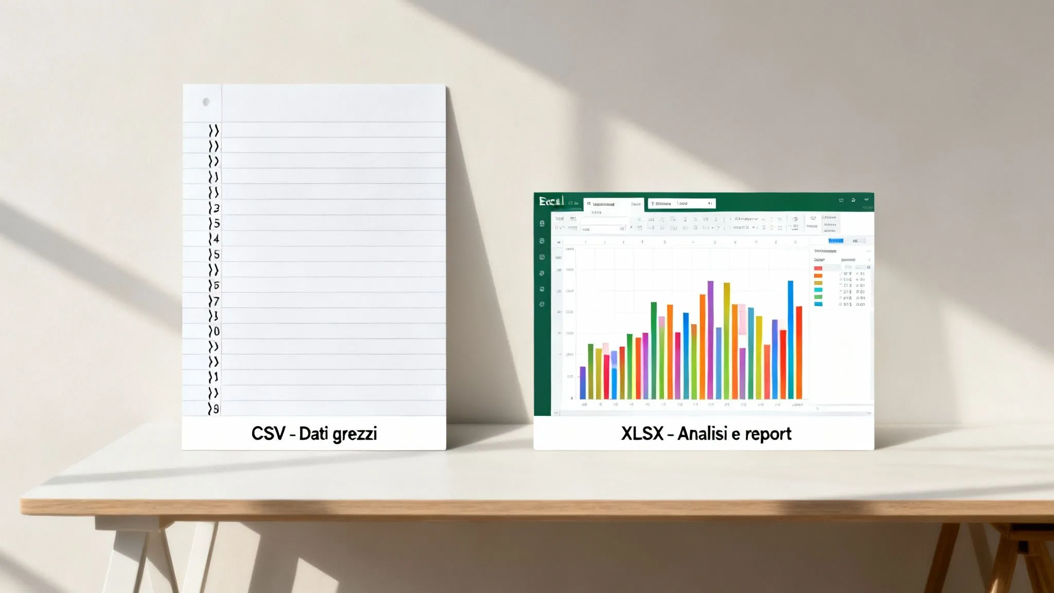 Comparação entre dados brutos CSV num caderno e análises visualizadas num relatório XLSX do Excel com um gráfico de barras.