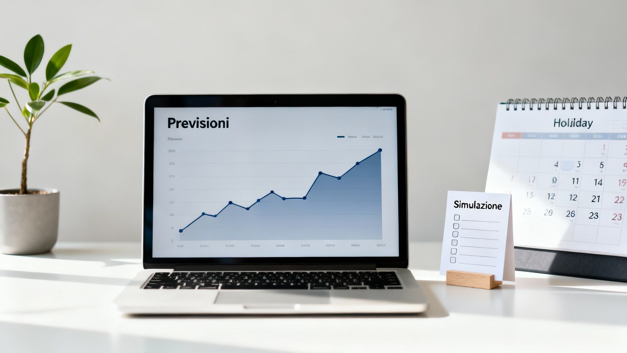 Un laptop su una scrivania bianca mostra un grafico di previsioni finanziarie, accanto a una pianta, un calendario e una nota per la simulazione.