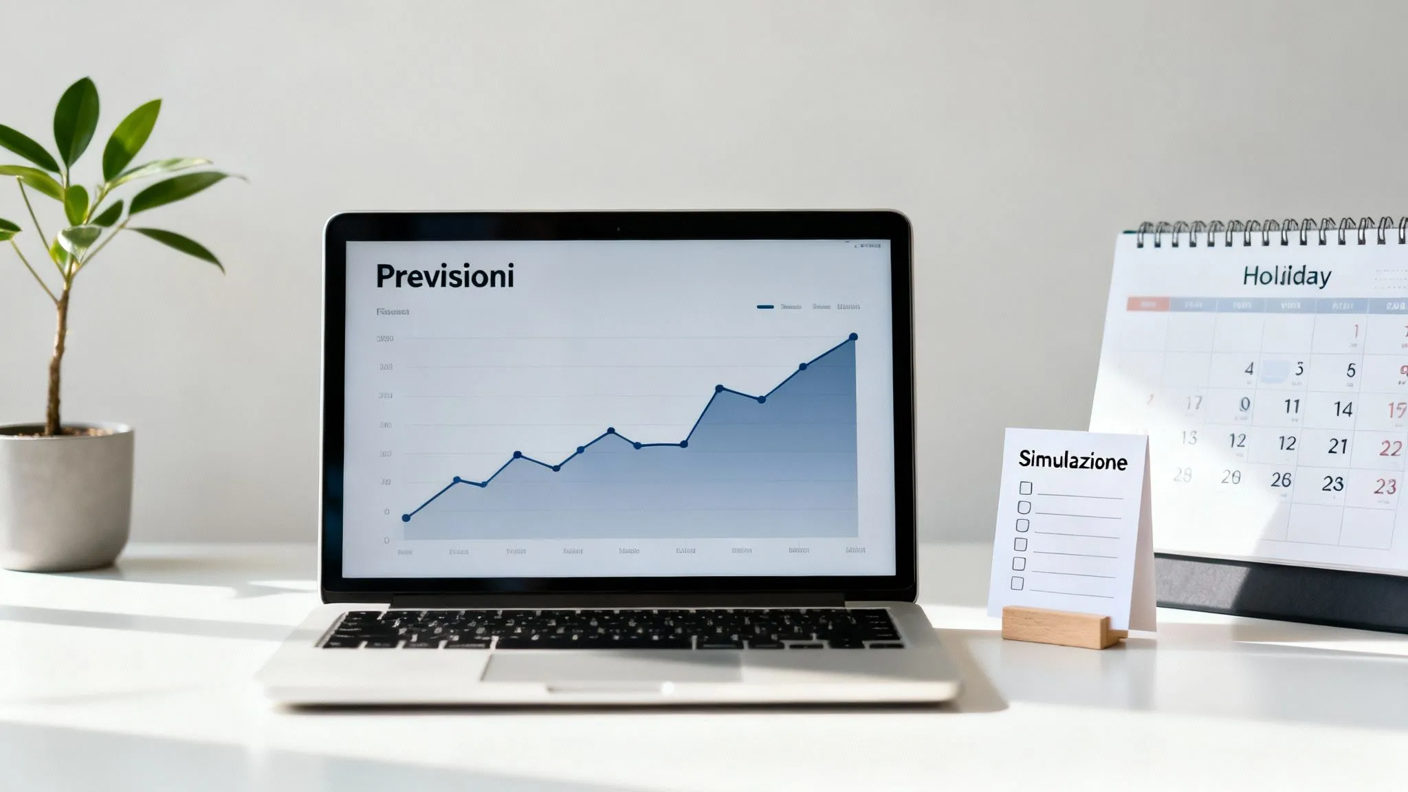 Un laptop su una scrivania bianca mostra un grafico di previsioni finanziarie, accanto a una pianta, un calendario e una nota per la simulazione.