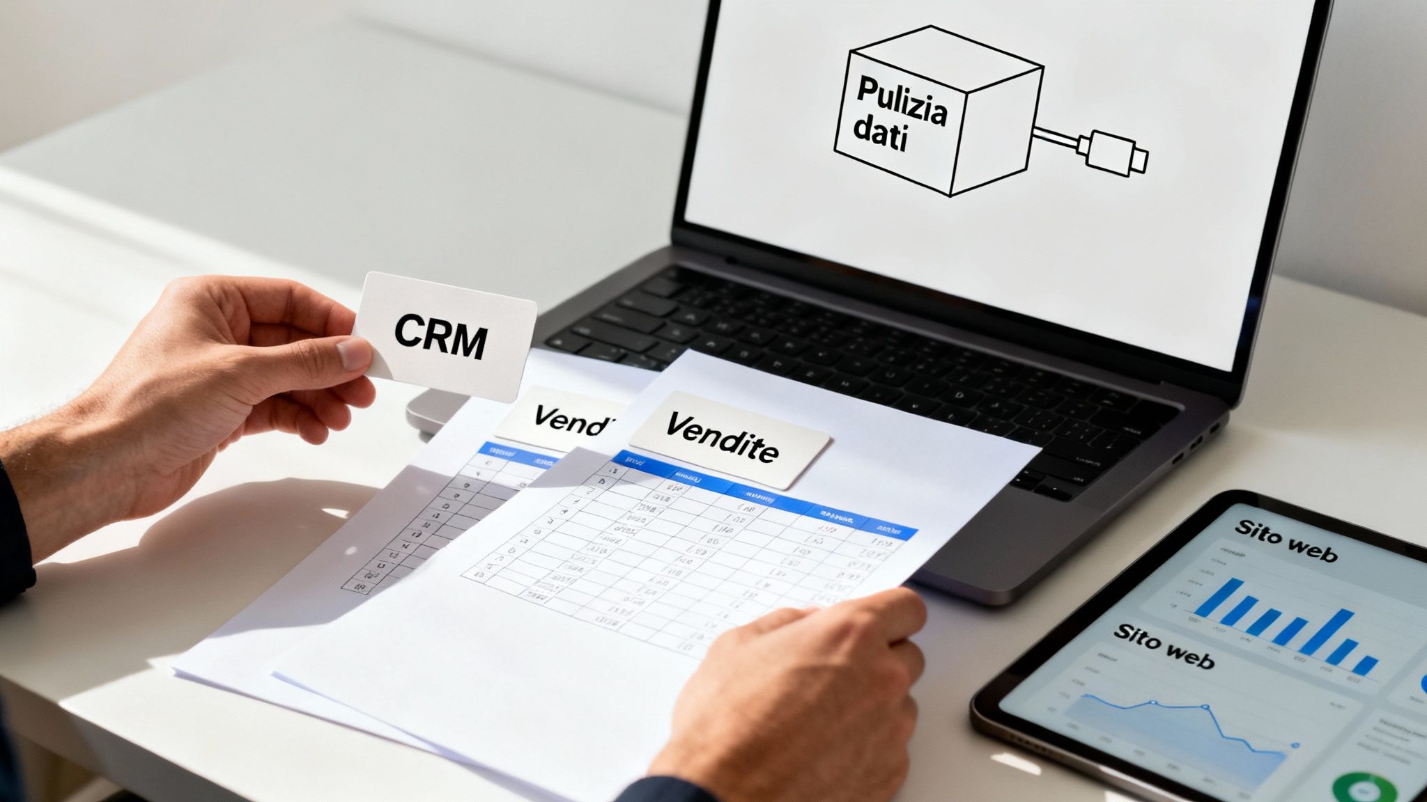 Una persona analizza dati di vendita, CRM e sito web su documenti, laptop e tablet, evidenziando la pulizia dei dati per decisioni aziendali.