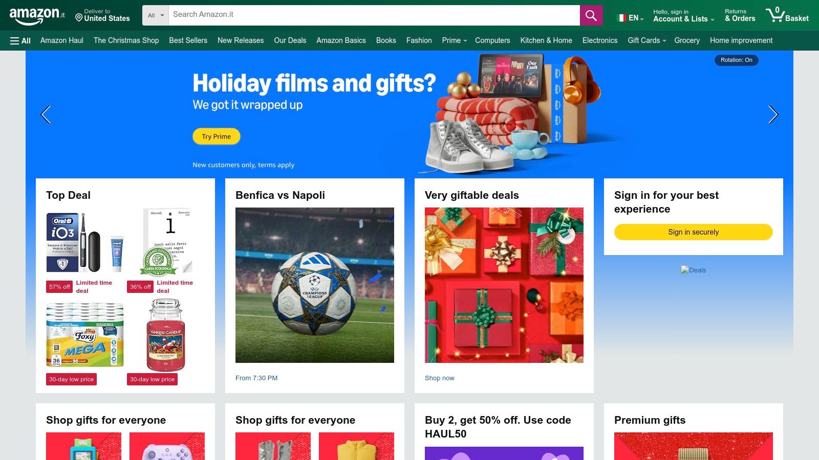 Página de inicio de Amazon.it