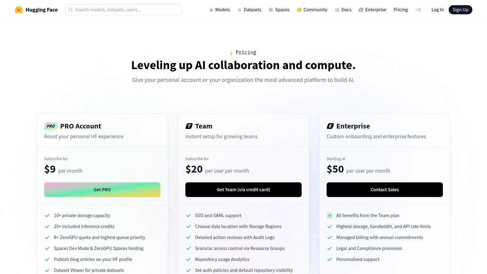 Planes y tarifas de Hugging Face