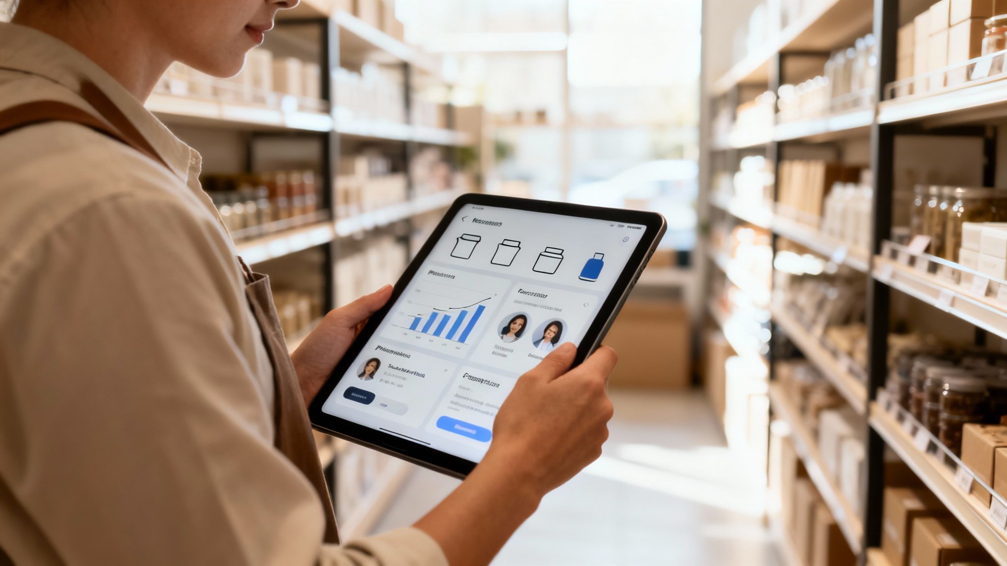 Una mujer en una tienda utiliza una tableta para el análisis predictivo y la gestión del inventario.
