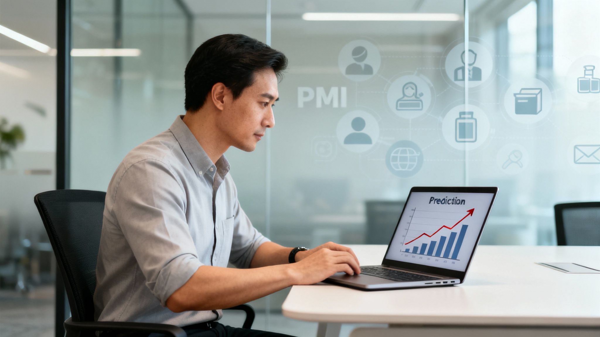 Un hombre asiático trabaja con su ordenador portátil en una oficina moderna, la pantalla muestra un gráfico predictivo en crecimiento con iconos PMI en el fondo.