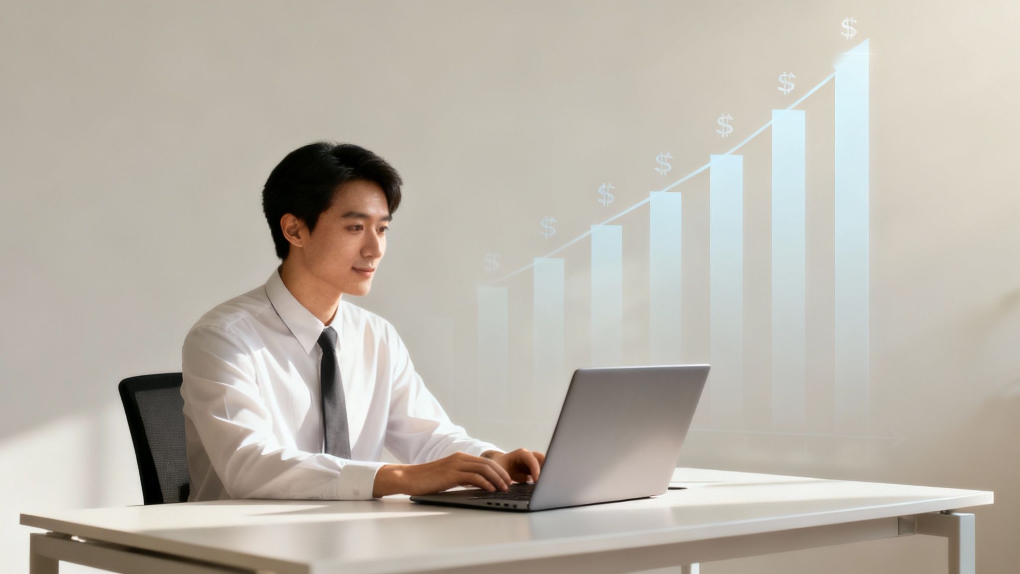 Un hombre de negocios sonriente trabaja con su ordenador portátil, con un gráfico de barras ascendentes y símbolos de dólares al fondo.