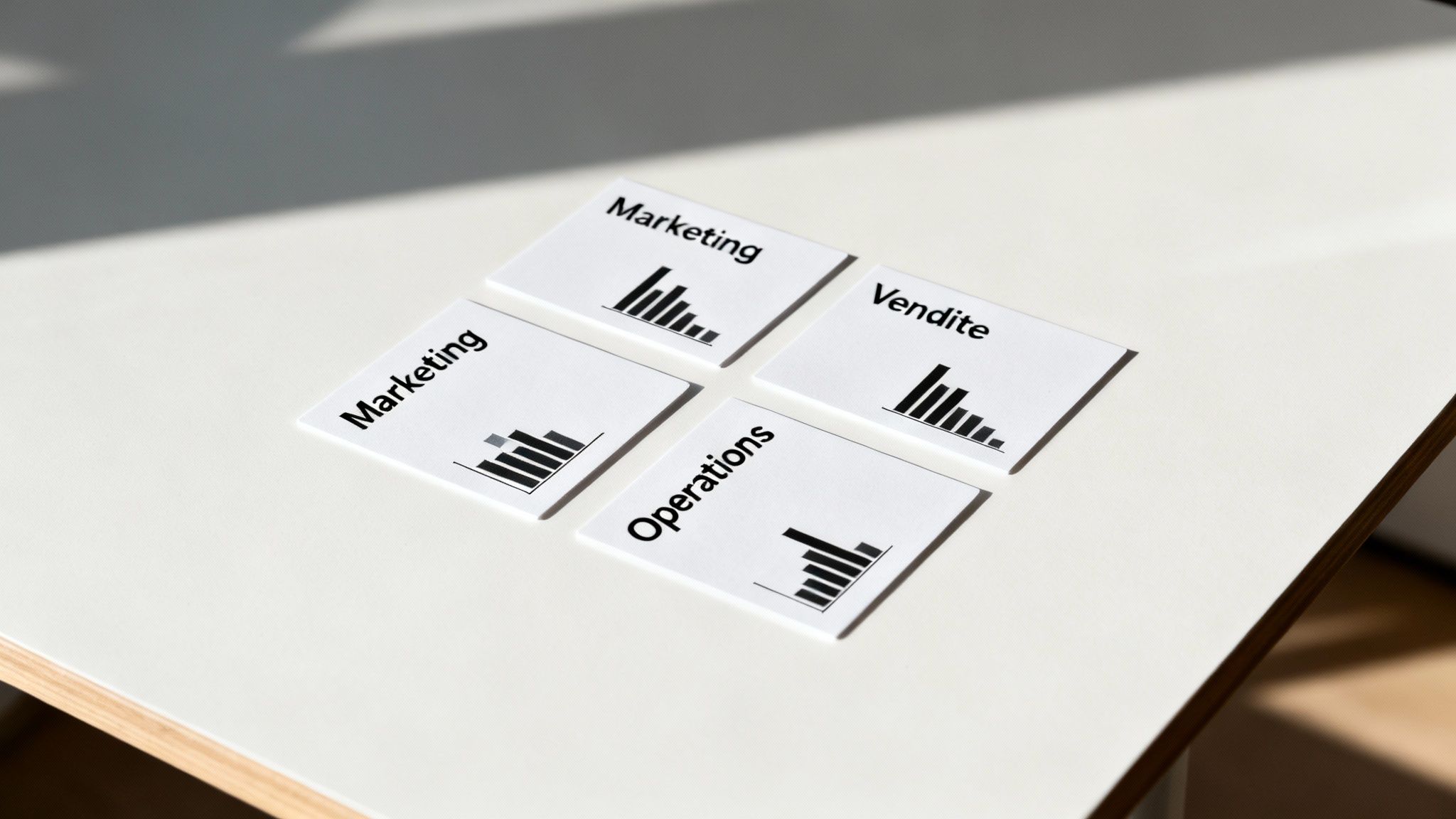 Quattro schede bianche con etichette di business e grafici a barre, disposte su una superficie chiara.