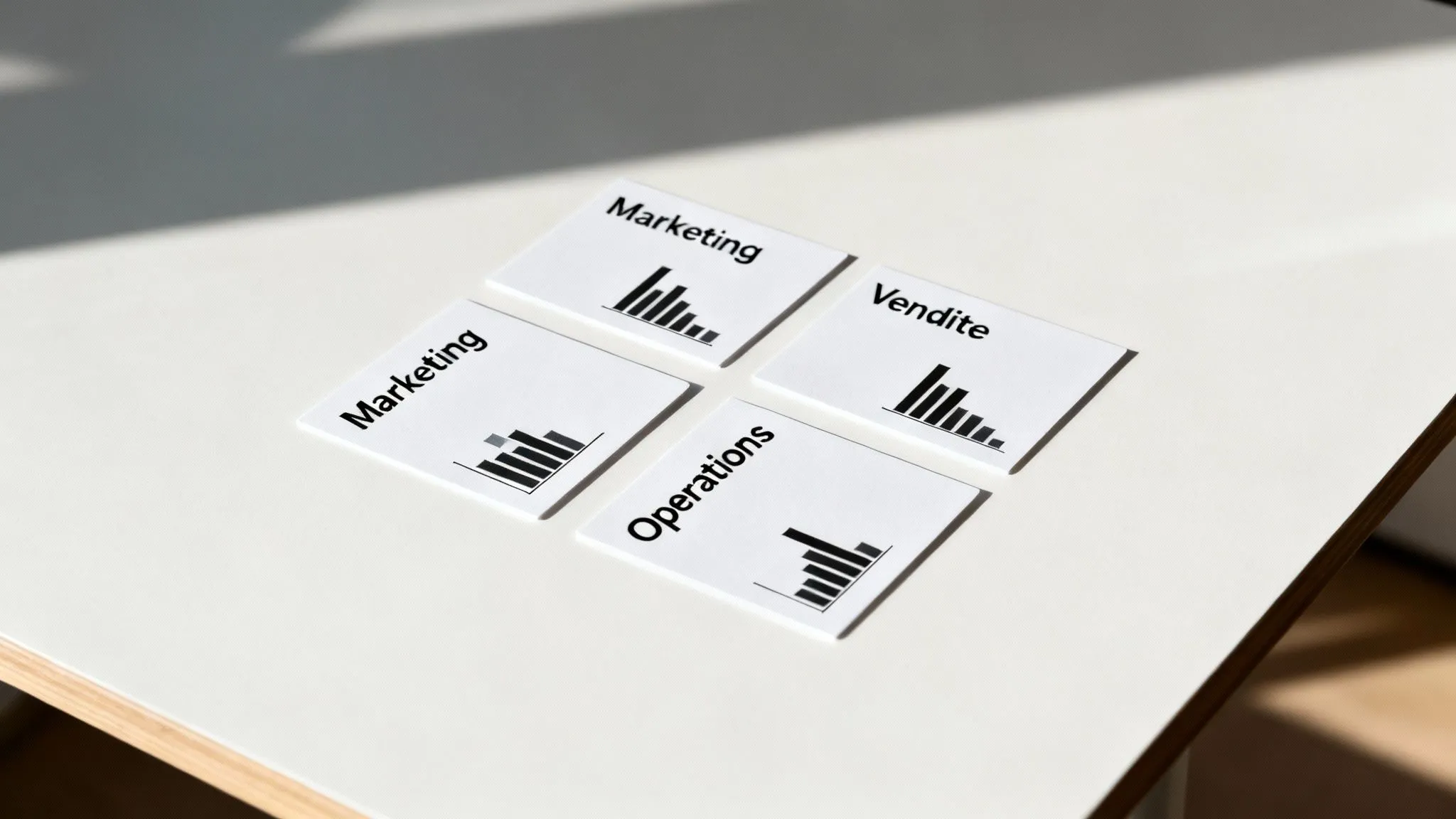 Quattro schede bianche con etichette di business e grafici a barre, disposte su una superficie chiara.