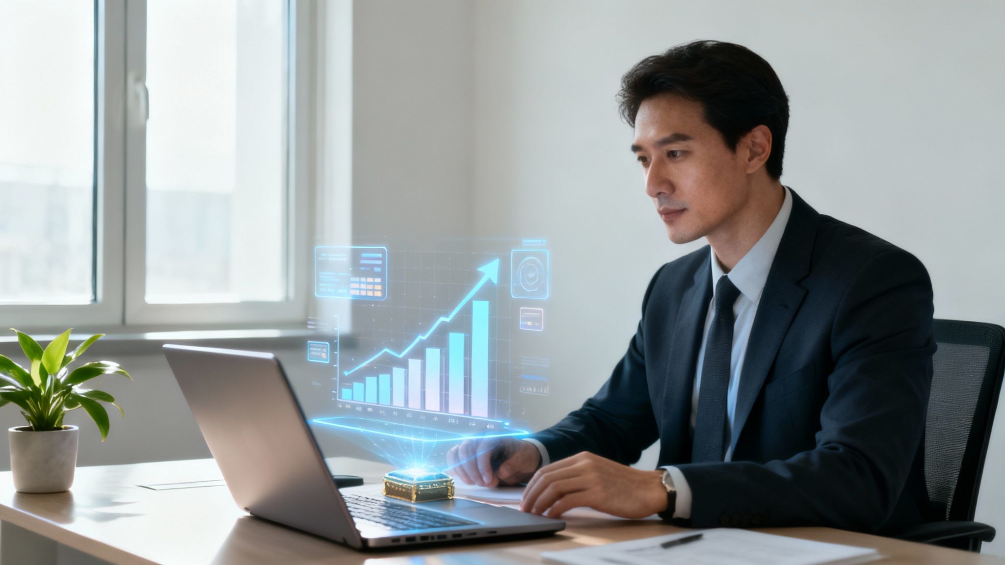 Uomo d'affari asiatico usa un laptop con un grafico olografico di crescita, simboleggiando l'IA e il futuro.