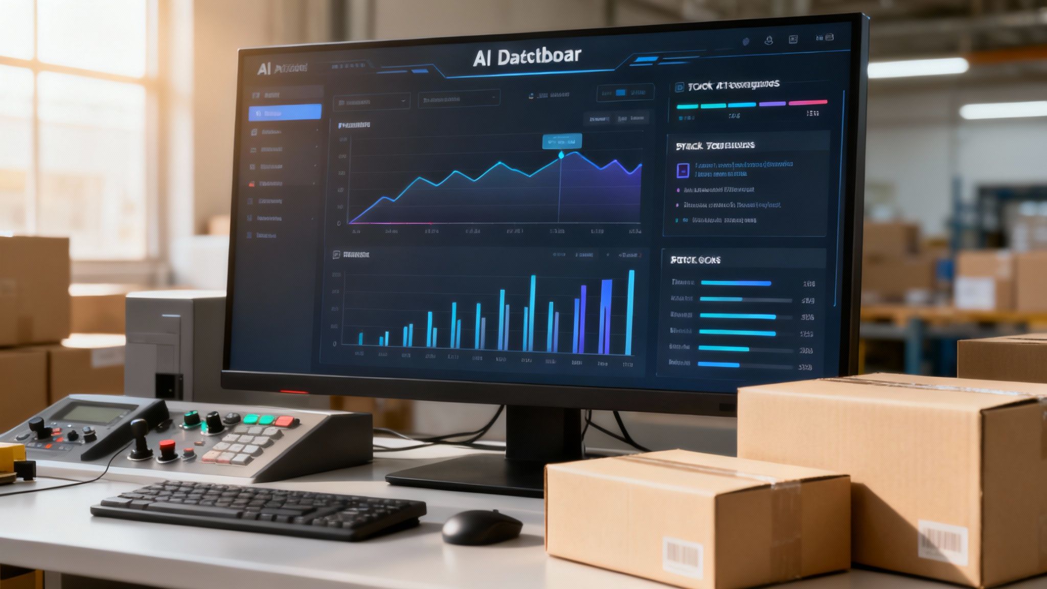 Dashboard software gestione magazzino con grafici analitici e monitoraggio inventario su monitor professionale