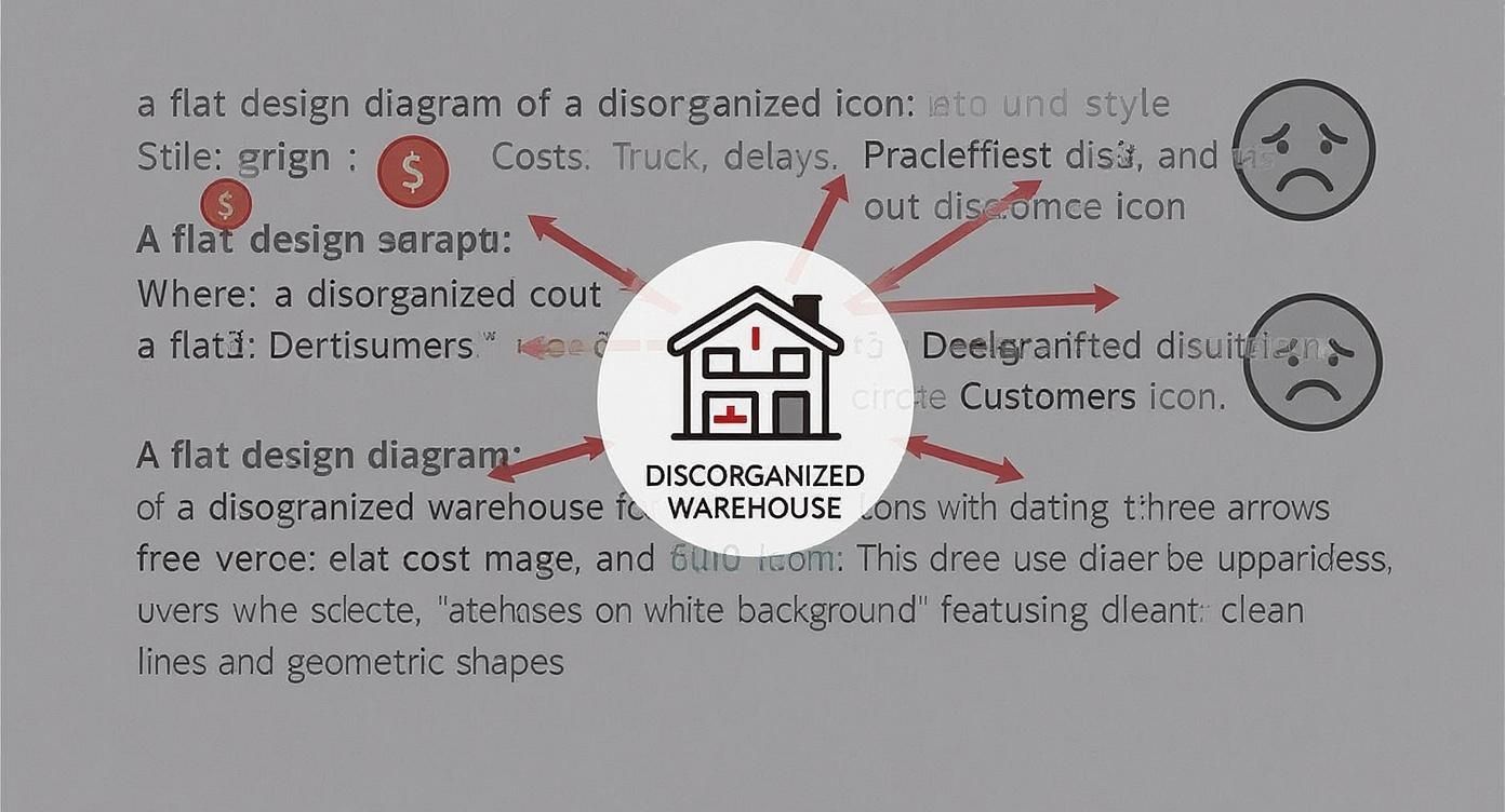 Diagramma piatto di un magazzino disorganizzato con icona centrale e frecce che indicano costi e problemi